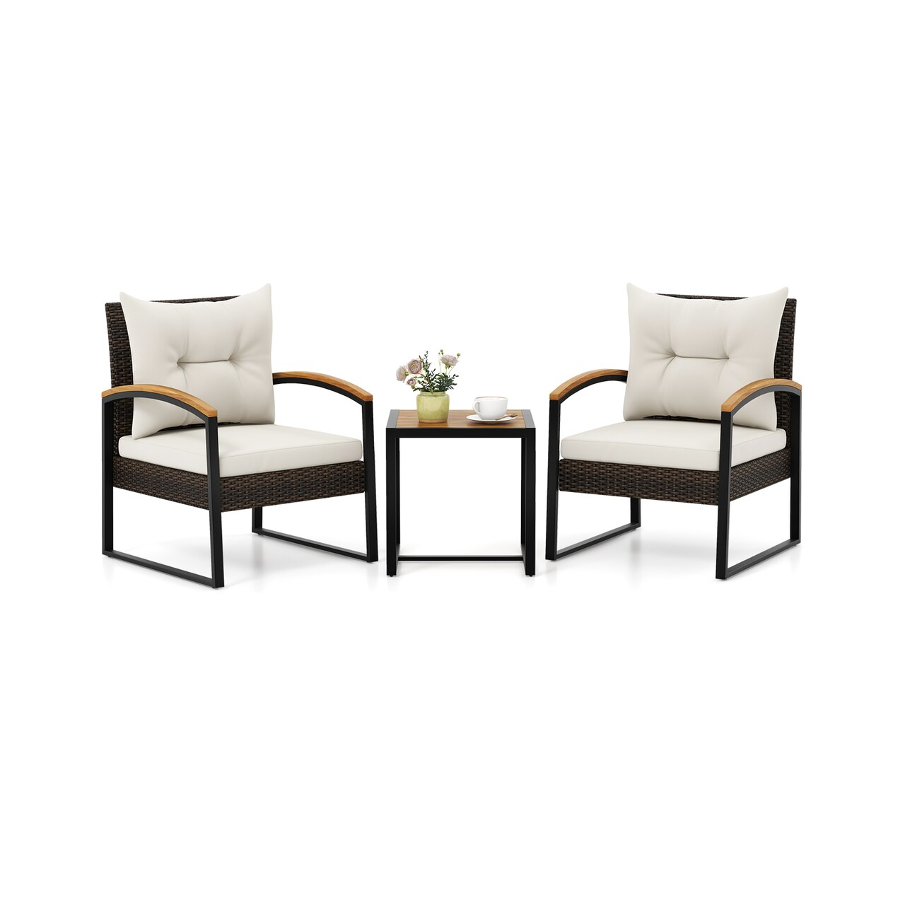 Outdoor Patio Furniture Set 3 Piece Acacia Wood Rattan Chairs Coffee Table Set